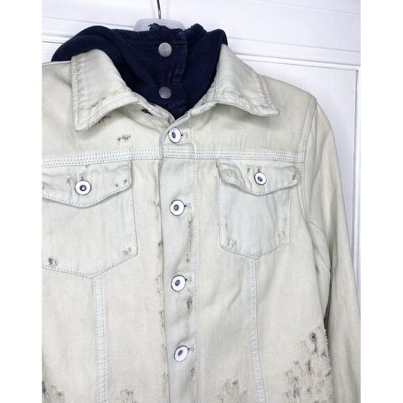 Free People Women's Double Weave Denim Jacket Very Distressed‎ Navy White XS New - Picture 2 of 9